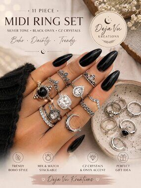 Silver Tone Black Onyx CZ Moon Crown Y2K Midi Ring Set 11 Pc